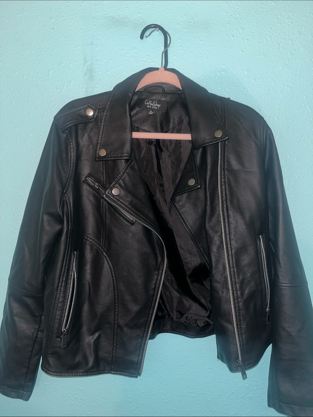 Black Y2K Faux Leather Moto Jacket, Whimsygoth Fairy Grunge Festival Streetwear